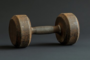 Fototapeta premium A rusty dumbbell laying on a dark grey surface in close up