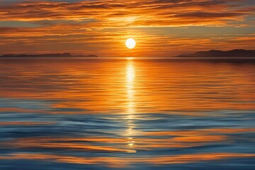 Fototapeta premium The tranquil beauty of a sunset over the sea, with the sun's reflection creating a shimmering effect on the water