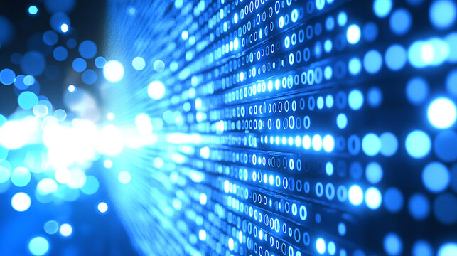 Abstract representation of digital data flow with glowing blue binary code and light effects