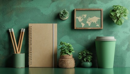 Eco-Friendly Green Workspace with Plants and World Map Decor - Sustainable Office