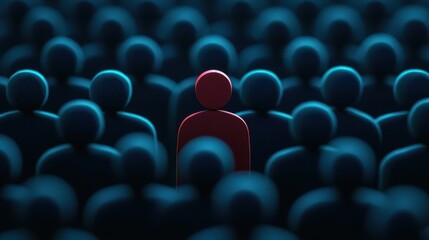 Obraz premium Individual Standing Out Among Crowd of Blue Figures in an Abstract Representation of Uniqueness and Identity