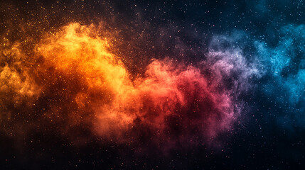 Fototapeta premium A vibrant abstract noise texture featuring a grainy gradient of red, orange, yellow, and blue, set against a dark black backdrop, perfect for modern poster and banner designs. 