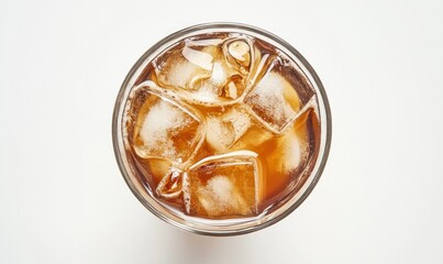 Iced beverage in glass with ice cubes.