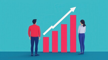 Fototapeta premium Business Growth Concept with Two People Analyzing Bar Chart and Arrow on Blue Background