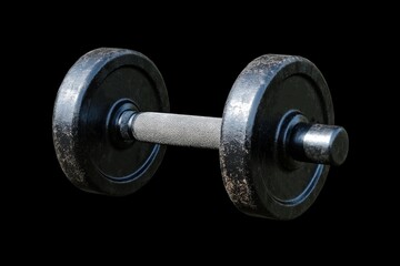 Fototapeta premium A single metal dumbbell isolated against a black background appears