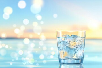 Iced water glass on beach at sunset.