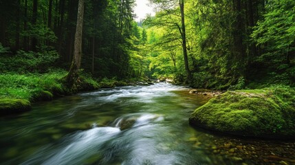 Obraz premium Serene Forest River: A Tranquil Escape into Nature's Embrace