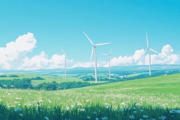 Idyllic green field with wind turbines under a bright blue sky.