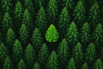 One bright green deciduous tree standing out among dark green pine trees in dense forest aerial view