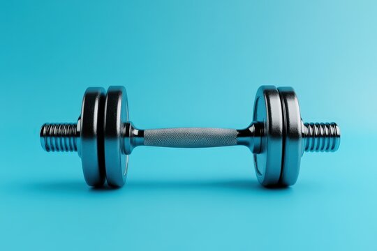 A shiny metal dumbbell resting on a smooth blue surface