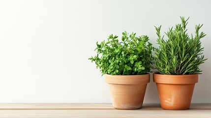 Fototapeta premium Cilantro and rosemary herbs in terracotta pots on a wooden table with sunlight