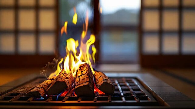 伝統的な日本家屋の囲炉裏で燃える炎