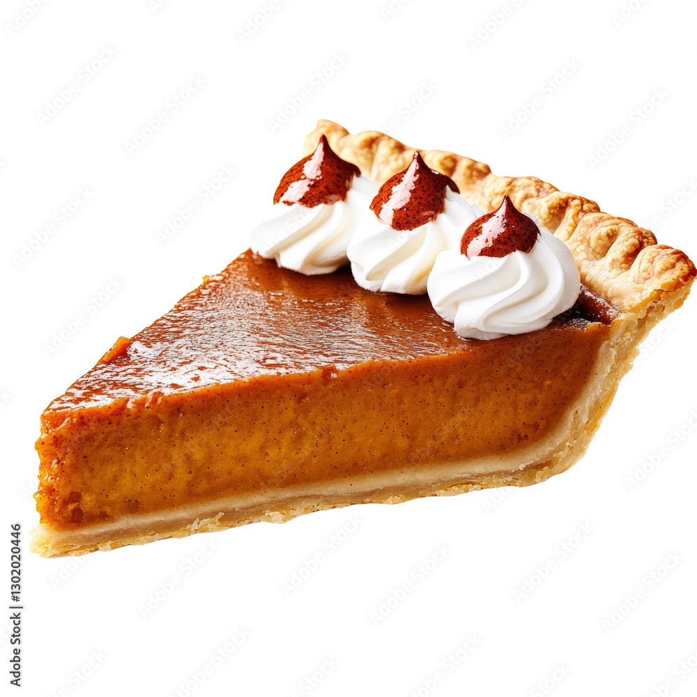 Poster slice of pumpkin pie with a flaky crust and whipped cream topping on a plate ready to be served for 