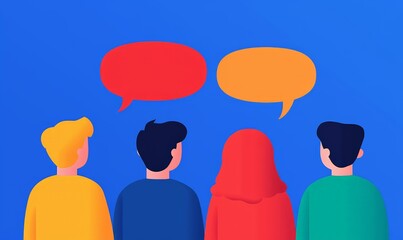 Group of People Engaging in Conversation with Colorful Speech Bubbles on Blue Background
