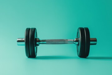 Naklejka premium A single dumbbell sits in a clean turquoise colored background