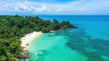 Fototapeta premium Aerial view captures a pristine white sandy beach flanked by verdant foliage, with vibrant turquoise waters lapping gently against it, under a clear blue sky