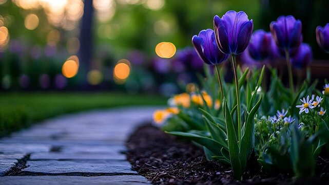 Evening garden path with purple tulips