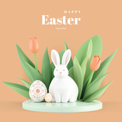 A 3D Vector Easter scene with a white bunny, decorated eggs, and tulips on a pastel pastel background. Ideal for Easter greetings and decorations.