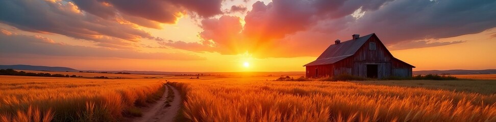 Fototapeta premium Vibrant sunset over golden wheat fields and rustic barn, barn, fields