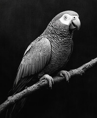 Fototapeta premium Black and white ink drawing of an African gray parrot in engraving style. The detailed pen illustration showcases the bird in fine lines against a dark background, perfect for stamp-like art and engra