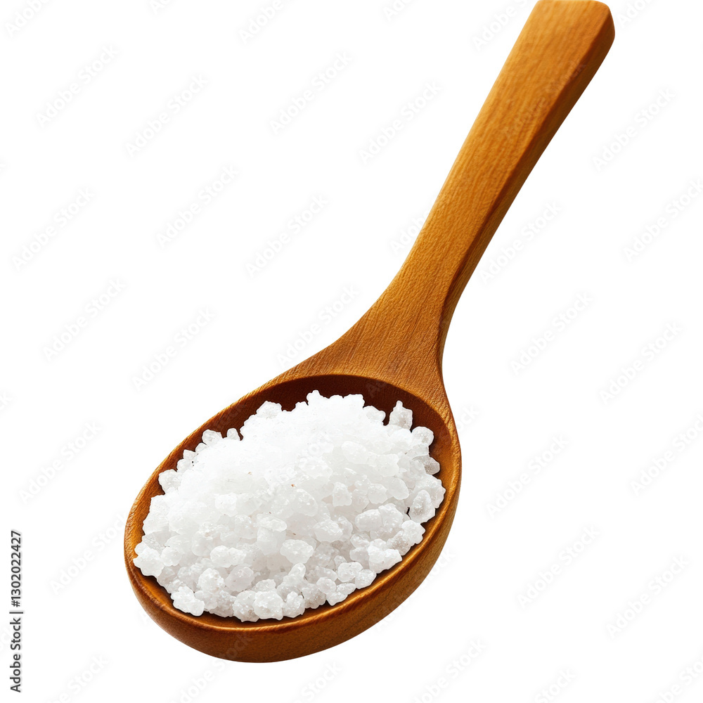 Poster rustic wooden spoon filled with flaky sea salt on a dark surface creating a warm and inviting kitche