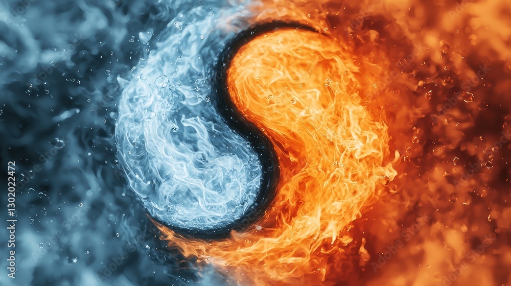 Poster dynamic yin yang symbol with flames and water representing balance in nature and elements