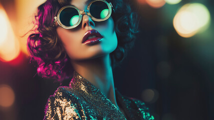 Timeless Elegance. Stylish Woman With Glasses Posing Under Neon Lights in a Trendy Outfit