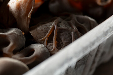 A closeup view of a wood ear mushroom in a plastic container.