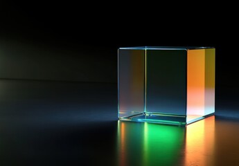 Illuminated glass cube on dark reflective surface.