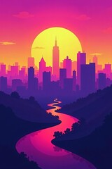 Fototapeta premium Vibrant low poly cityscape at dusk with skyline silhouette, city, urban