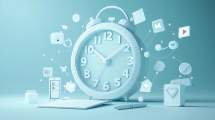 Modern Time Management: A Creative Concept of Clocks, Social Media Icons and Productivity Tools