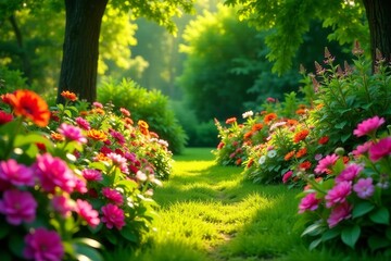 Obraz premium Vibrant flowers and lush greenery in a beautiful garden, abstract, garden