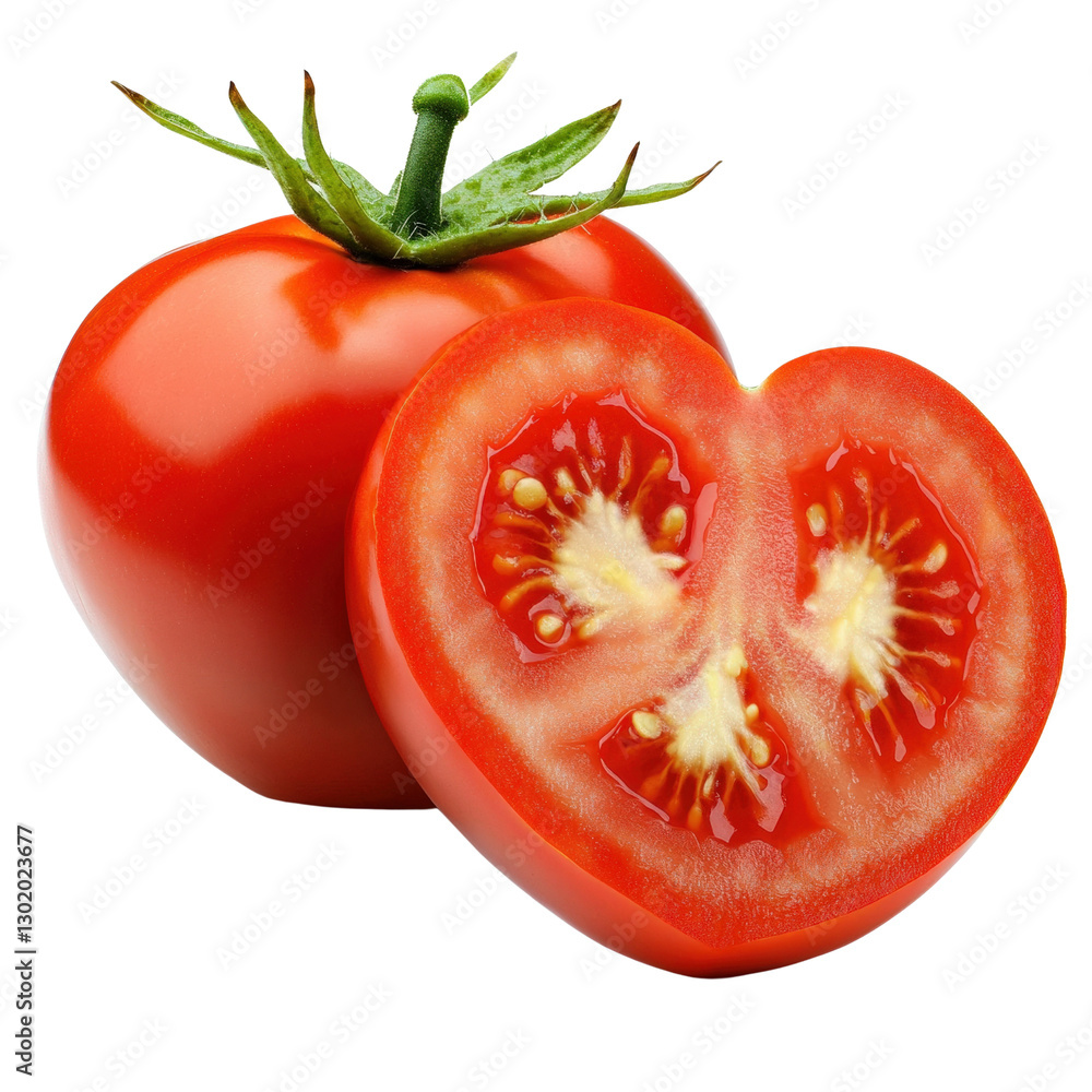 Poster ripe tomato and half of a tomato displayed on a light surface emphasizing their juicy flesh and fres