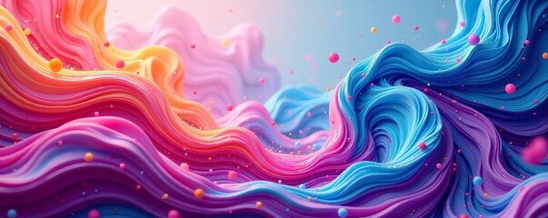 Fototapeta premium Vibrant digital swirls in pink and blue hues with splashes of green and yellow, green, abstract
