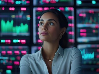 Obraz premium Businesswoman surrounded by holographic midcap stock options, Mid Cap Stocks, diverse investment strategies