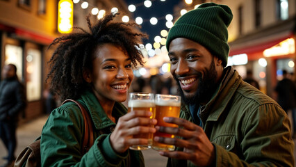 Happy St Patrick's Day Celebration Black Couple Green Jackets Beers Outdoors City Lights Night