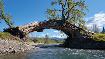 Nature's Bridge: A Fallen Tree Forms an Arch Over a Serene River