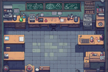 Isometric Pixel Art Battle Map Of Laboratory Interior Showing Tables Desks Equipment and Science Tools