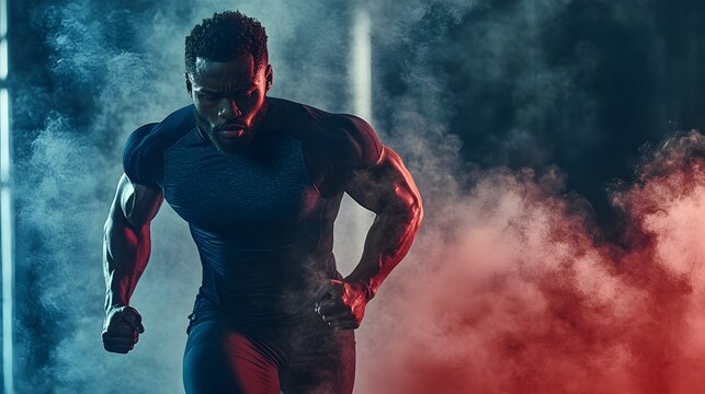 A dynamic ad for a new workout gear brand, showing a fitness enthusiast wearing the gear during an intense workout session