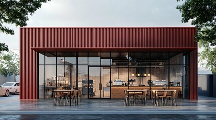 Obraz premium Modern Red Exterior Coffee Shop with Outdoor Seating