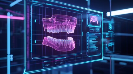 Obraz premium Futuristic Dental Imaging Technology with 3D Visualization of Human Teeth and Jaw Structure in Neon Colors for Medical and Dental Applications