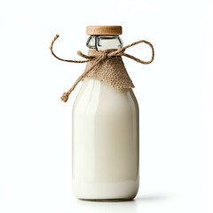 Isolated on white &ndash; Fresh milk bottle with rustic twine decor.