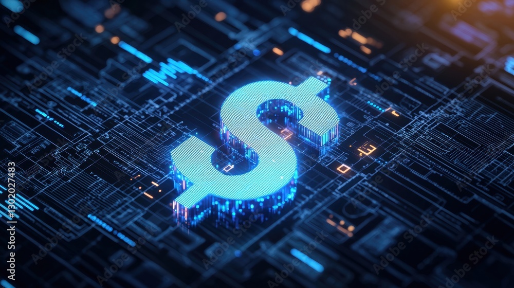 Poster digital representation of a glowing dollar sign symbolizing finance, technology, and digital currenc