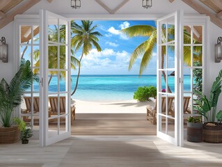 Tropical escape relaxing beach view from cozy cabin paradise island scenic photography