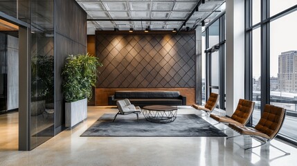 Modern Industrial Lobby with Leather Seating and Greenery