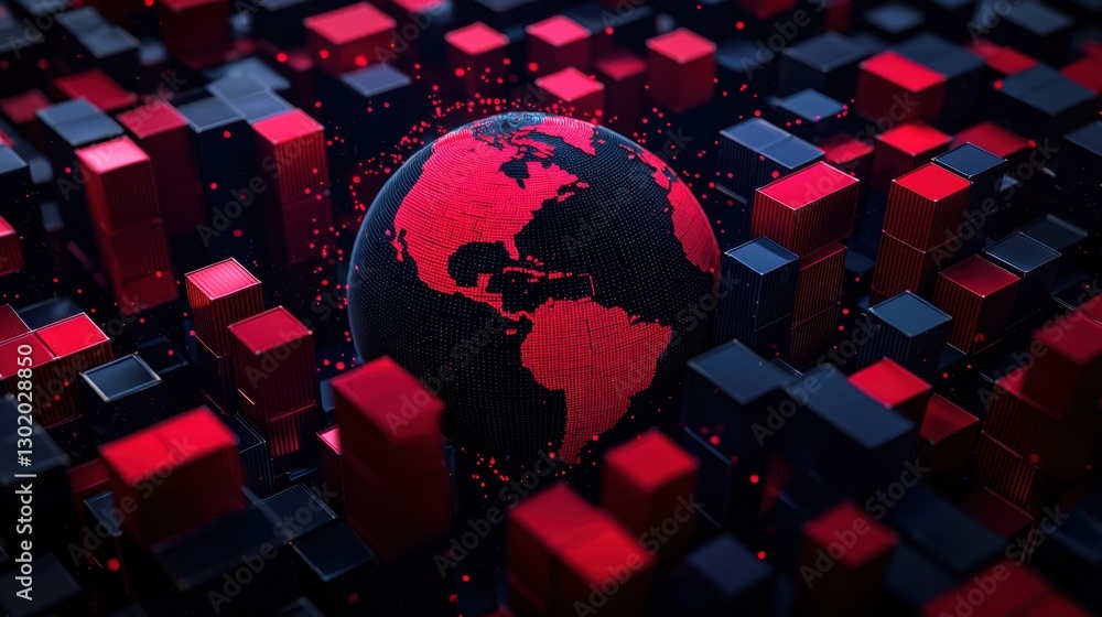 Aufkleber abstract representation of the globe surrounded by red and black geometric shapes and particles, sym
