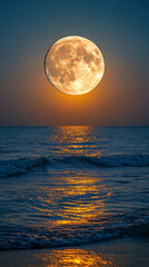 A breathtaking view of a colossal moon rising over a peaceful landscape, casting a soft glow that envelops the surroundings, symbolizing serenity, beauty, and the vastness of the universe