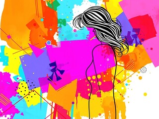 Fototapeta premium Line Art Lady Amidst Modern Geometric Tapestry