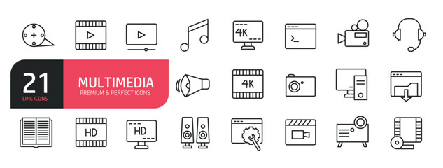 Set of line icons related to camera film, audio, video, computer.  Outline icons collection. Editable stroke. Vector illustration