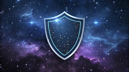 Fototapeta premium A stylized shield outline set against a digital galaxy background, representing vast cybersecurity solutions.